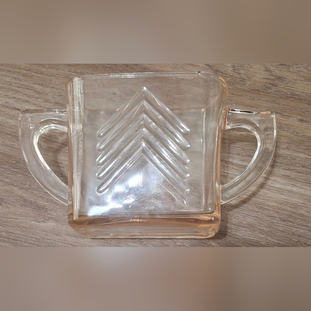 Vintage Hazel Atlas Art Deco Chevron Pink Depression Glass Sugar Bowl.